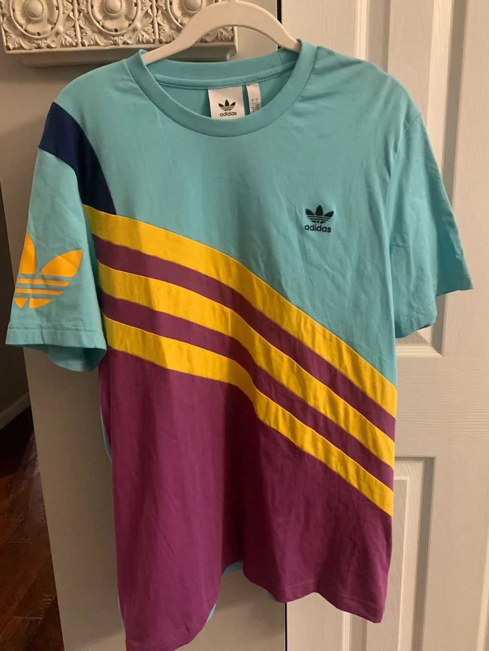 adidas Teal, Purple & Yellow Diagonal Stripe Short Sleeve Tee NWT - L